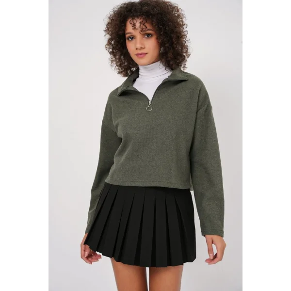55449 Fermuarlı Yaka Örme Sweatshirt - Haki