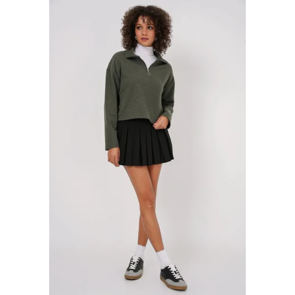 55449 Fermuarlı Yaka Örme Sweatshirt - Haki