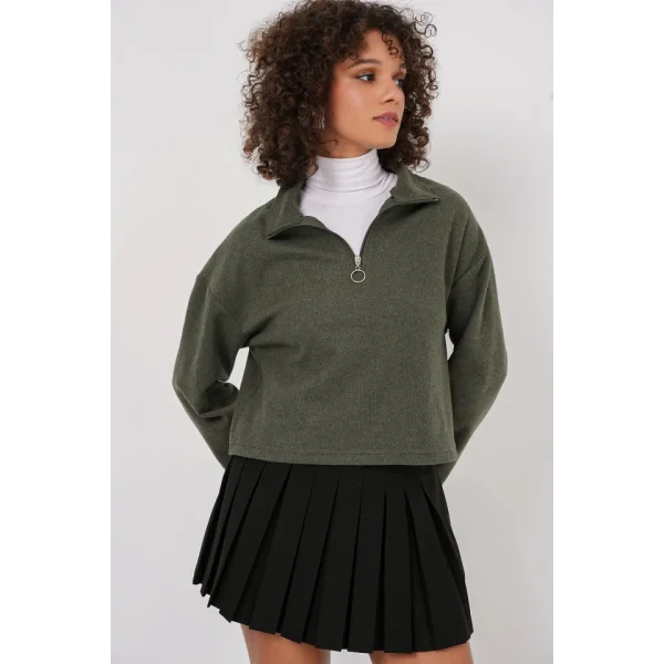 55449 Fermuarlı Yaka Örme Sweatshirt - Haki