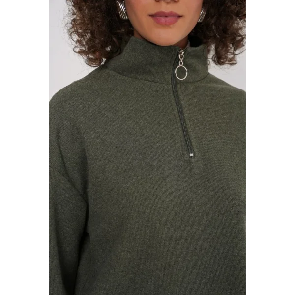 55449 Fermuarlı Yaka Örme Sweatshirt - Haki