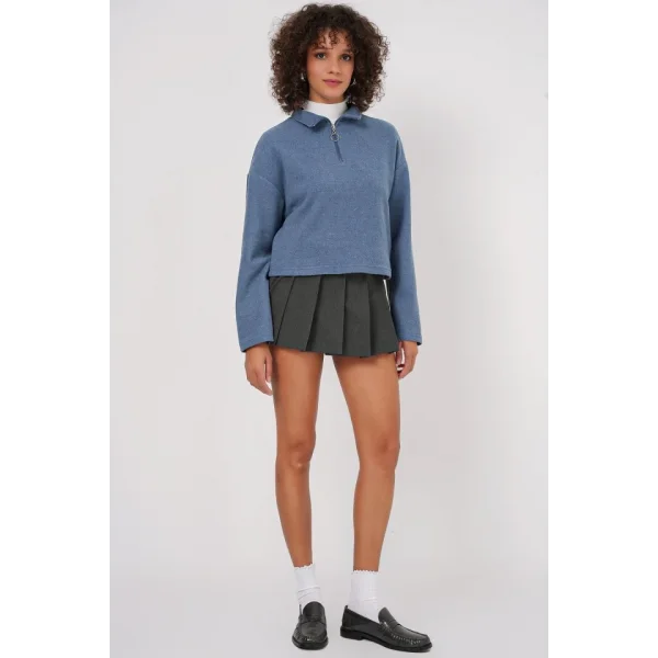 55449 Fermuarlı Yaka Örme Sweatshirt - İndigo