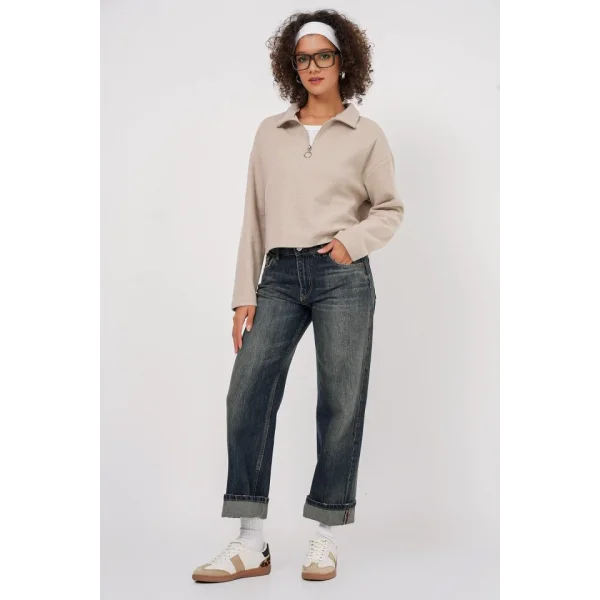 55449 Fermuarlı Yaka Örme Sweatshirt - Krem