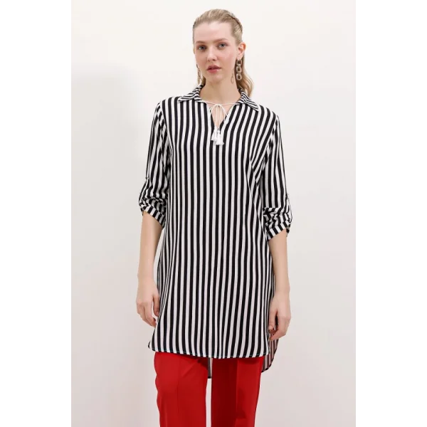 5613 Yaka Bağcıklı Çizgili Tunik - Siyah