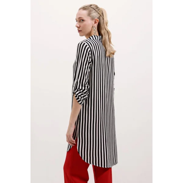 5613 Yaka Bağcıklı Çizgili Tunik - Siyah