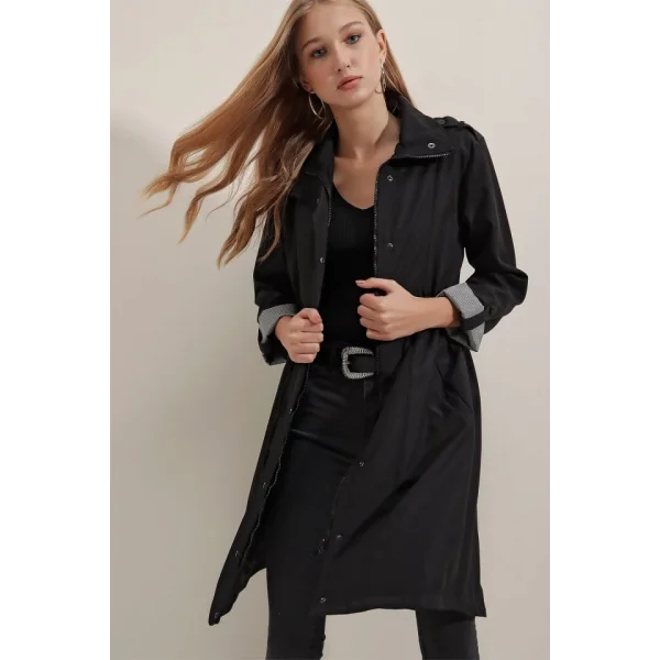 5808 Bel Bağlamalı Trençkot - Siyah