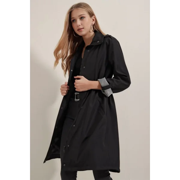 5808 Bel Bağlamalı Trençkot - Siyah