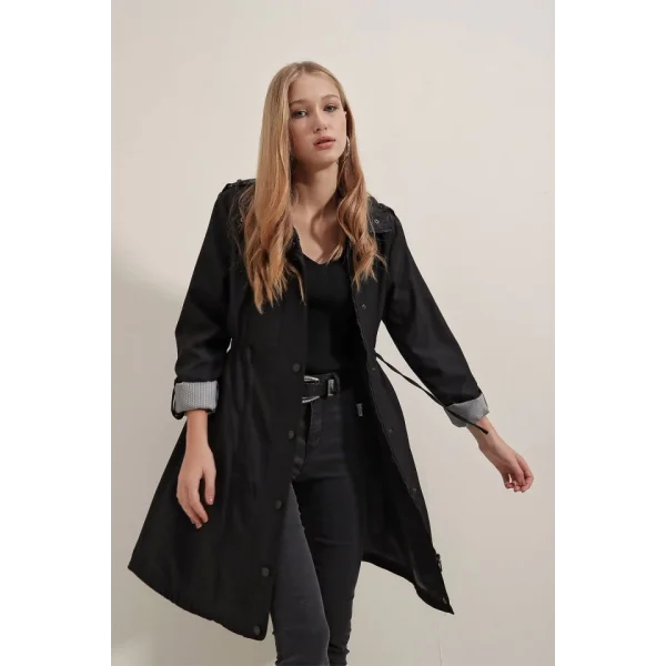 5808 Bel Bağlamalı Trençkot - Siyah