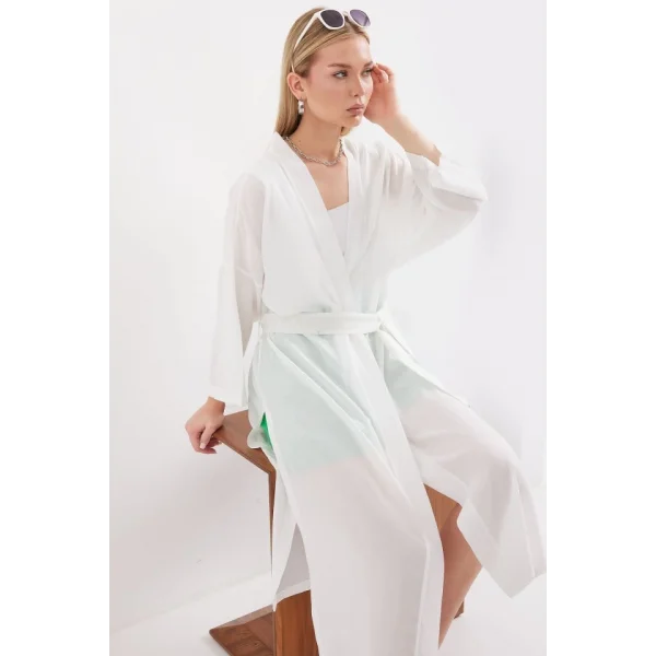 5835 Yırtmaçlı Yazlık Kimono - Beyaz