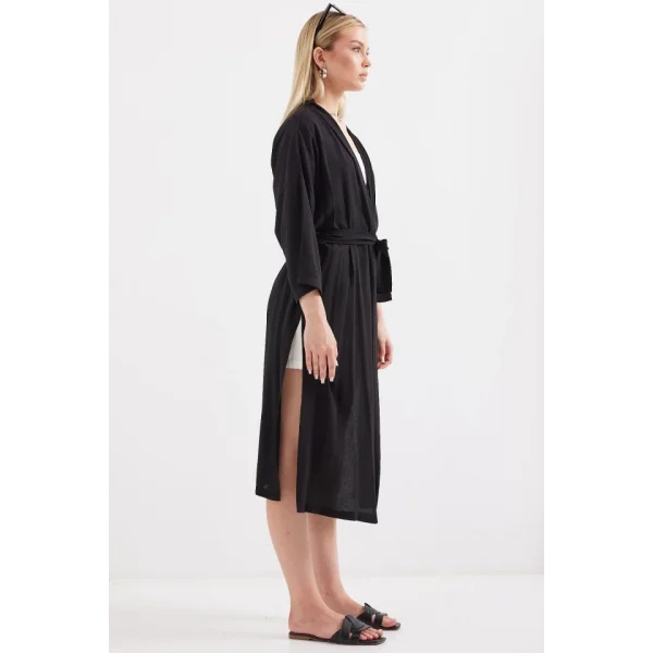 5835 Yırtmaçlı Yazlık Kimono - Siyah