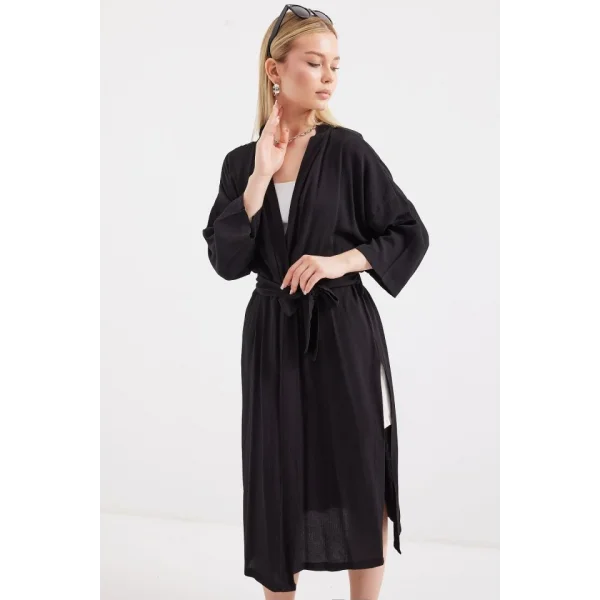 5835 Yırtmaçlı Yazlık Kimono - Siyah