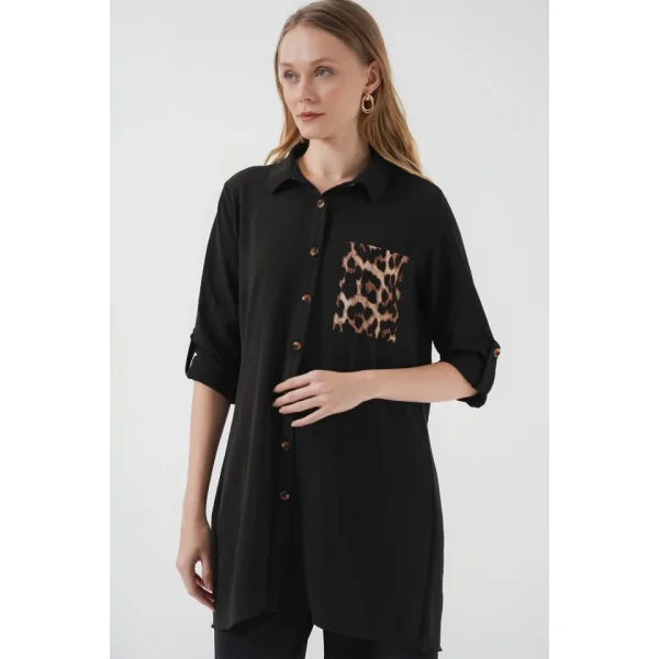 5851 Cep Detaylı Gömlek Tunik - Siyah