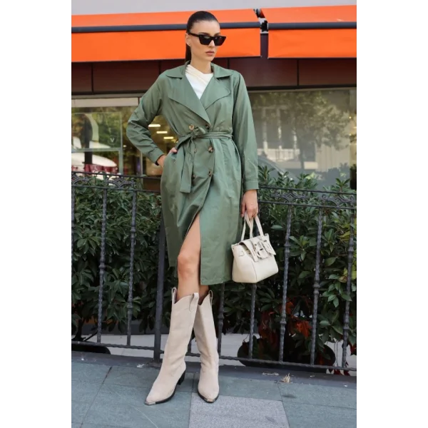 5853 Kruvaze Yaka Trençkot - Haki