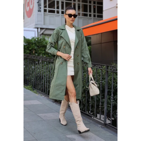 5853 Kruvaze Yaka Trençkot - Haki