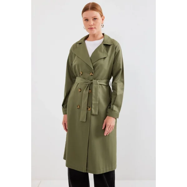 5853 Kruvaze Yaka Trençkot - Haki