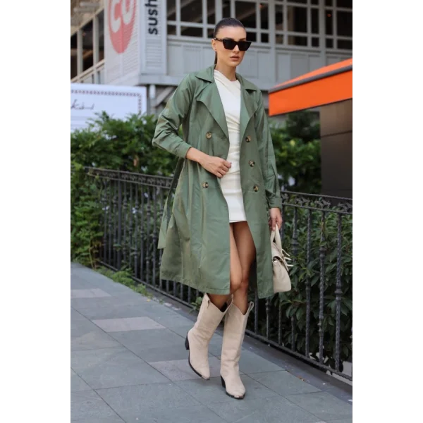 5853 Kruvaze Yaka Trençkot - Haki