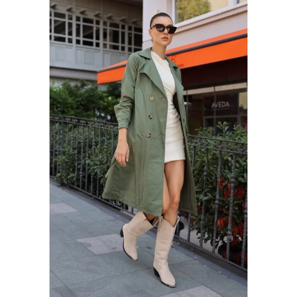 5853 Kruvaze Yaka Trençkot - Haki