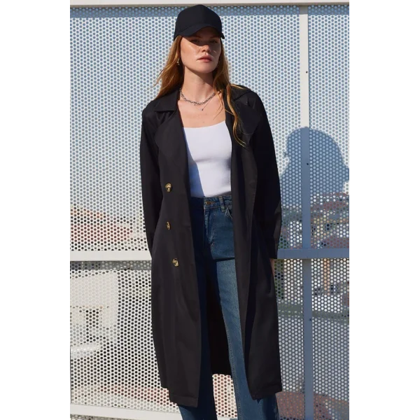 5853 Kruvaze Yaka Trençkot - Siyah