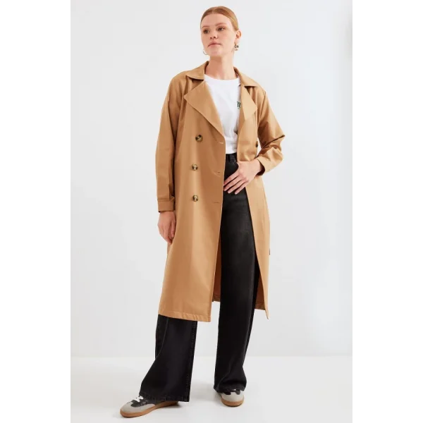 5853 Kruvaze Yaka Trençkot - Taba