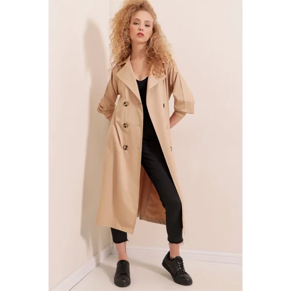 5853 Kruvaze Yaka Trençkot - Vizon