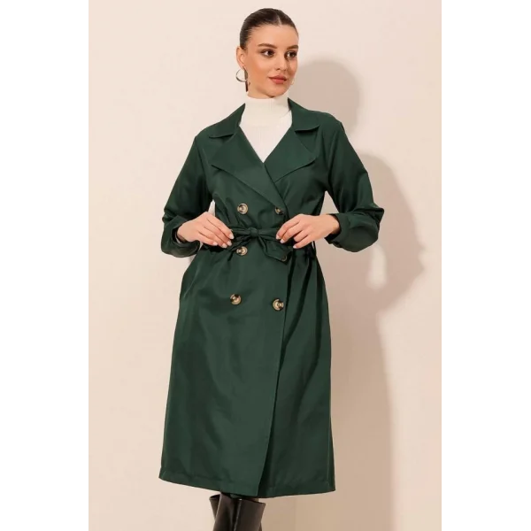 5853 Kruvaze Yaka Trençkot - Zümrüt Yeşili