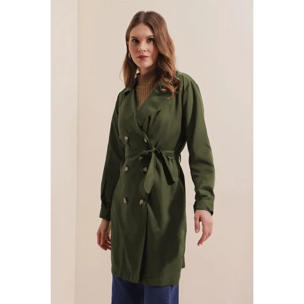 5864 Kruvaze Yaka Kısa Trençkot - Haki