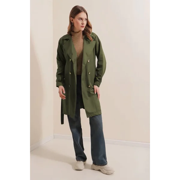 5864 Kruvaze Yaka Kısa Trençkot - Haki