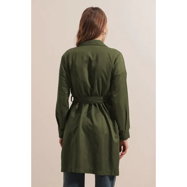 5864 Kruvaze Yaka Kısa Trençkot - Haki