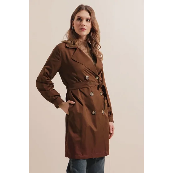 5864 Kruvaze Yaka Kısa Trençkot - Kahverengi