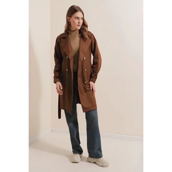 5864 Kruvaze Yaka Kısa Trençkot - Kahverengi