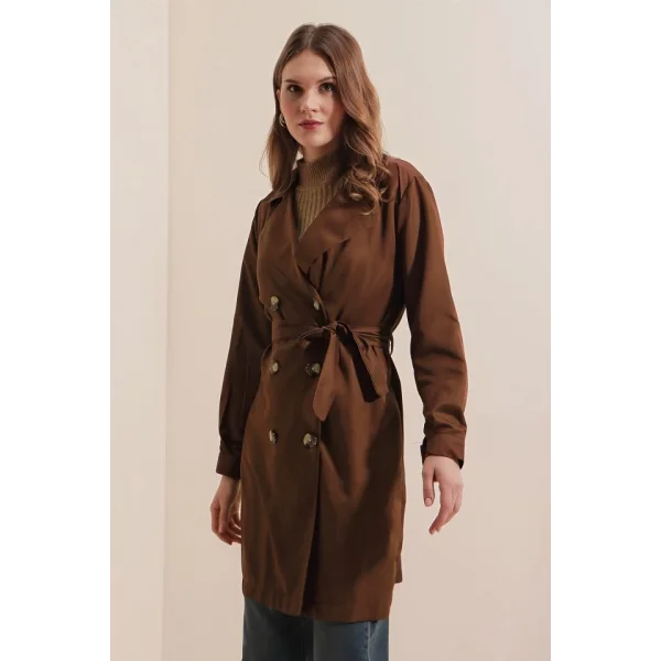 5864 Kruvaze Yaka Kısa Trençkot - Kahverengi