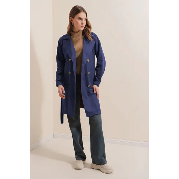 5864 Kruvaze Yaka Kısa Trençkot - Lacivert
