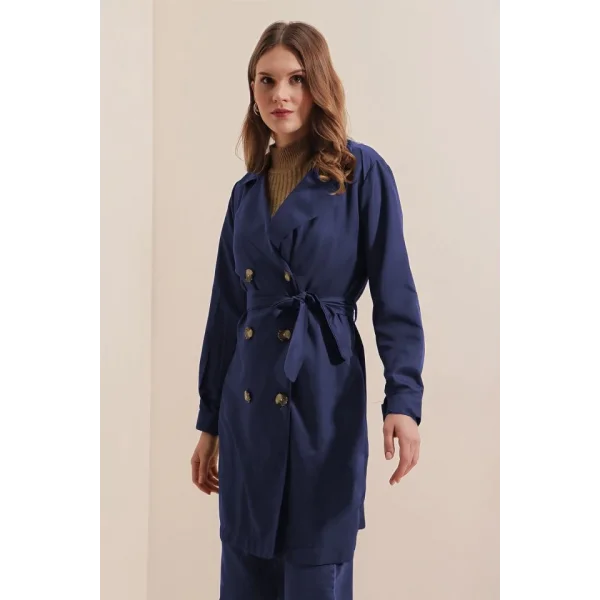 5864 Kruvaze Yaka Kısa Trençkot - Lacivert