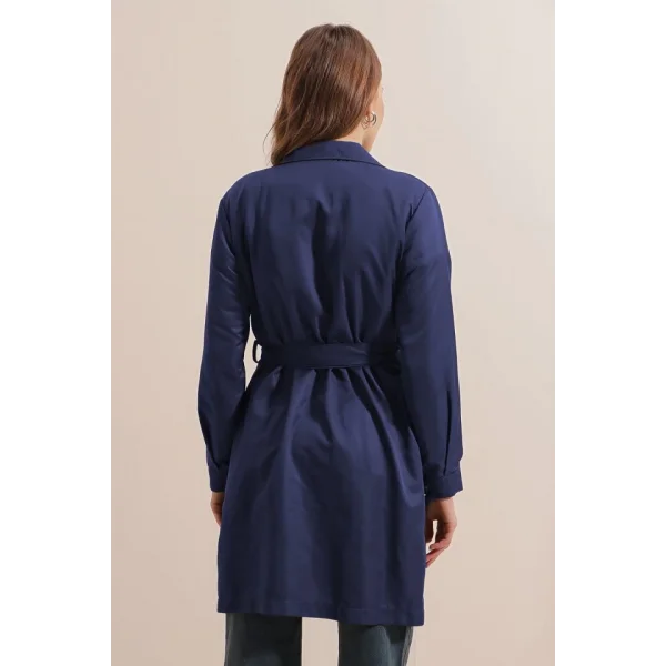 5864 Kruvaze Yaka Kısa Trençkot - Lacivert