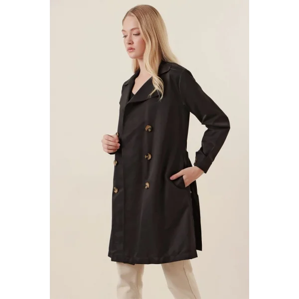 5864 Kruvaze Yaka Kısa Trençkot - Siyah