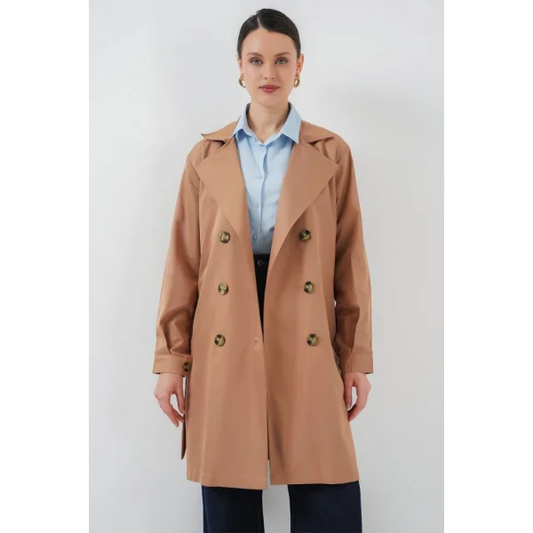 5864 Kruvaze Yaka Kısa Trençkot - Taba