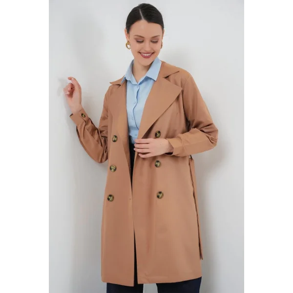 5864 Kruvaze Yaka Kısa Trençkot - Taba