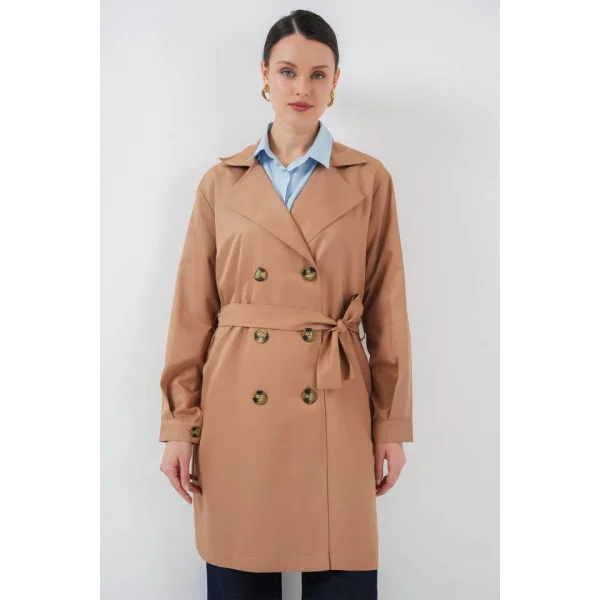 5864 Kruvaze Yaka Kısa Trençkot - Taba