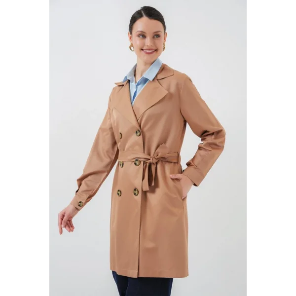 5864 Kruvaze Yaka Kısa Trençkot - Taba