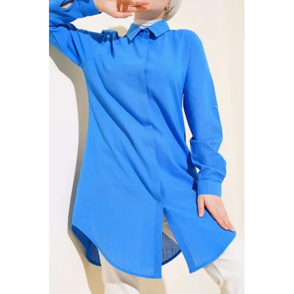 5885 Uzun Keten Gömlek - Saks