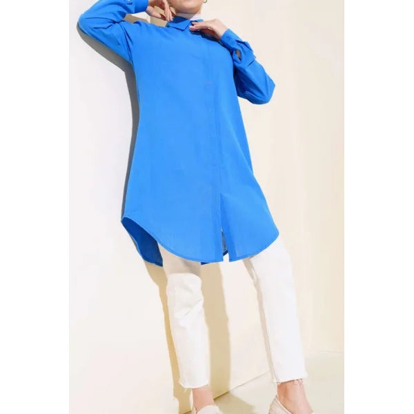 5885 Uzun Keten Gömlek - Saks