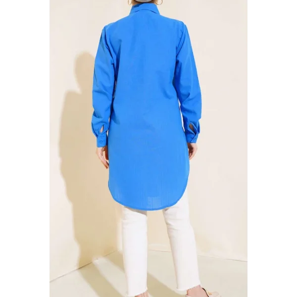 5885 Uzun Keten Gömlek - Saks