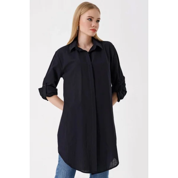 5885 Uzun Keten Gömlek  Siyah