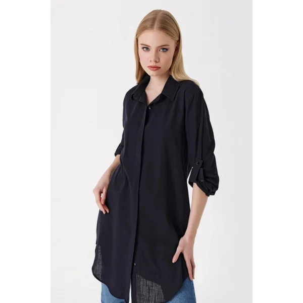 5885 Uzun Keten Gömlek  Siyah