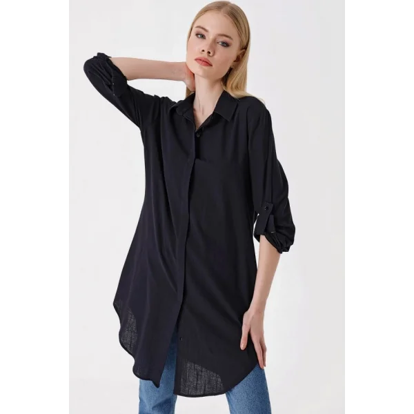 5885 Uzun Keten Gömlek  Siyah