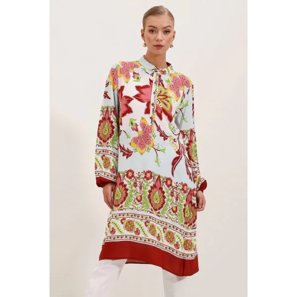 5903 Desenli Viskon Elbise - Bordo