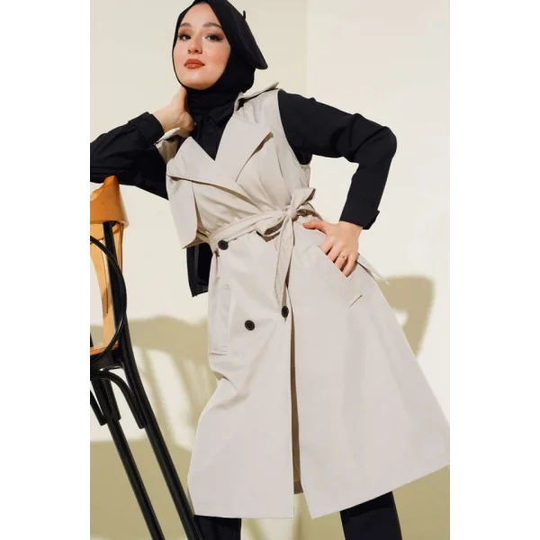 5911 Kruvaze Yaka Trençkot Yelek - Bej