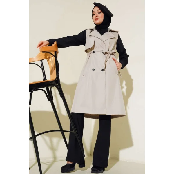 5911 Kruvaze Yaka Trençkot Yelek - Bej