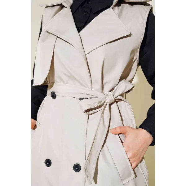 5911 Kruvaze Yaka Trençkot Yelek - Bej