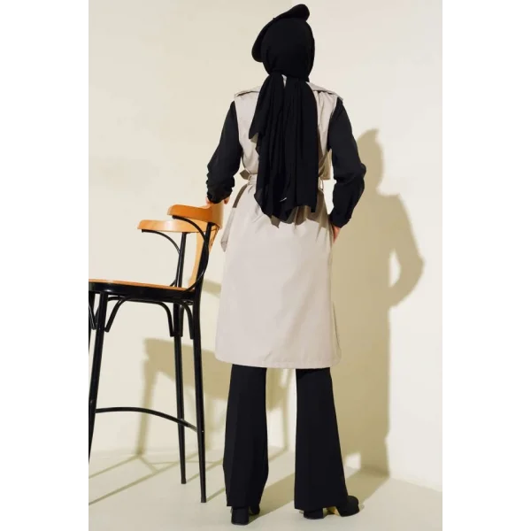 5911 Kruvaze Yaka Trençkot Yelek - Bej