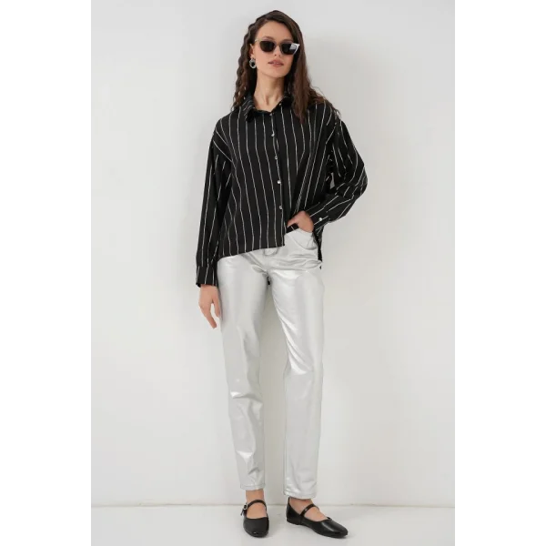 5924 Gümüş Çizgili Gömlek  Siyah